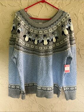 Holiday Time Light Blue Metallic Penguin Print  Sweater Womens Size XXL NEW